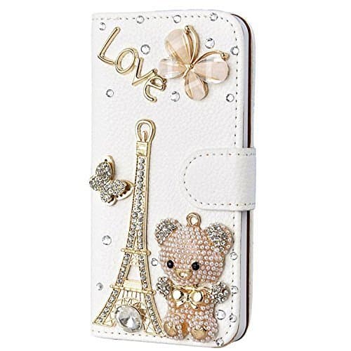 LA GO GO(TM Galaxy S5 Case, Luxury 3D Bling Handmade Glitter Crystal Rhinestone Pearl Leather Flip Wallet Protective Cover Case for Samsung Galaxy S5 i9600 (Bear and Tower)
