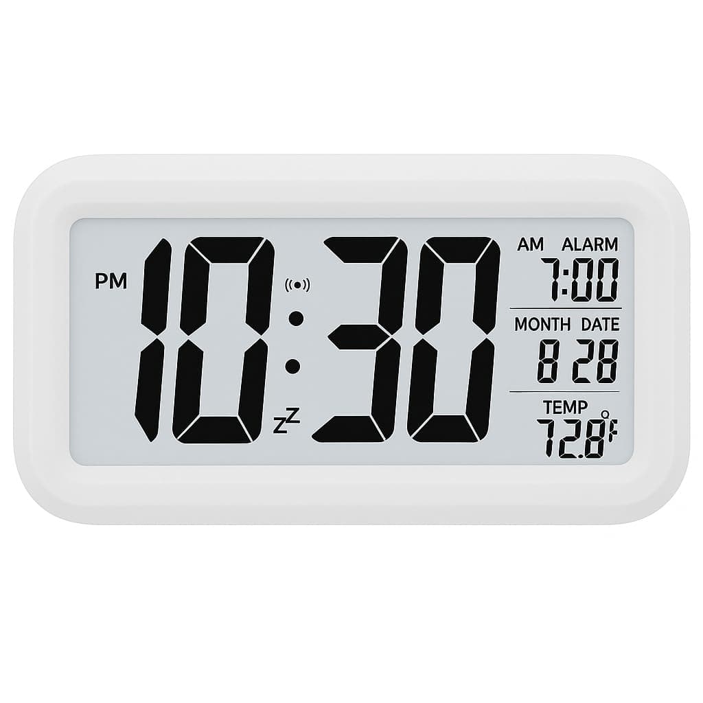 Digital Alarm Clock, Table Clock with Automatic Sensor, Date and Temperature Display, Compact Desk Clock for Students,Home, Office, Bedroom, Living Room,Home Decor, Corporate Use (White Digital)