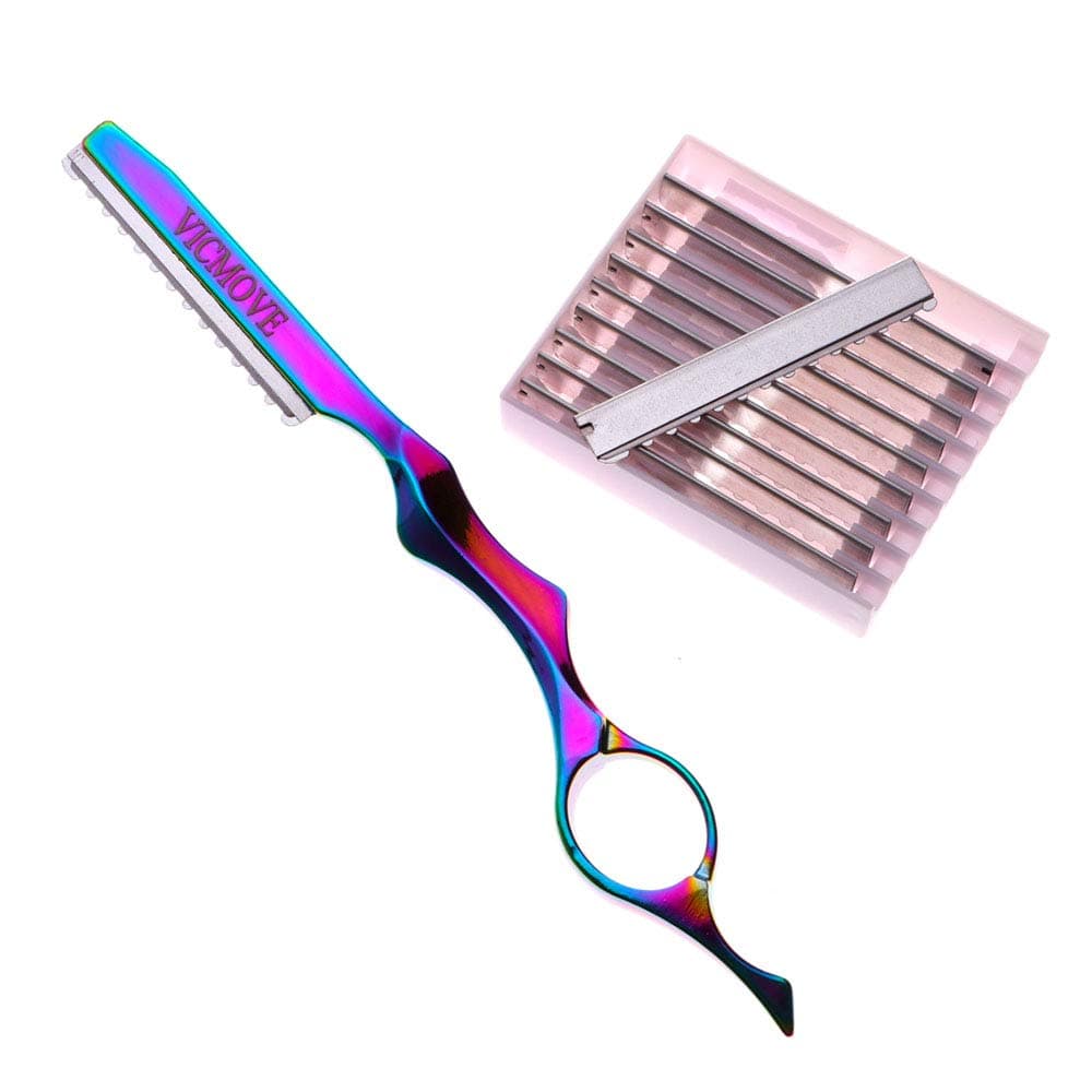 Professional Hair Styling Thinning Texturizing Cutting Feather Razor + 10 Replacement Blades Stainless Steel Rainbow Color