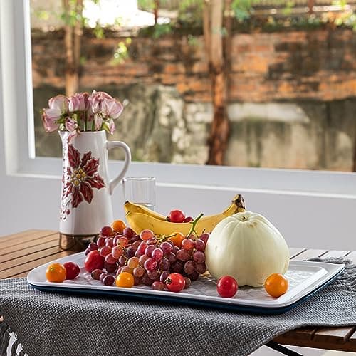 LEHAHA Grilling Prep Trays, Melamine BBQ Prep and Serving Platter and Tray for Outdoor Entertaining, Food Serving Tray, Set of 2, 17" x 10.5", Blue and White