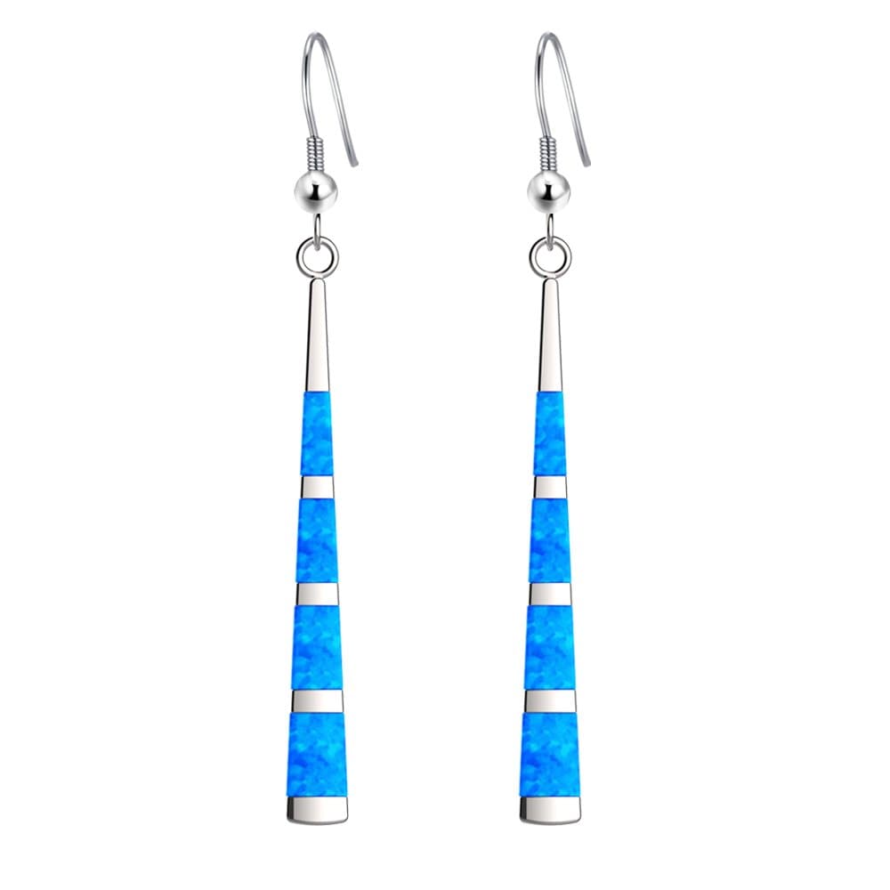 925 Sterling Silver with Simple Classic Long Stripe Blue Green Fire Opal Inlay Drop Earrings for Women and Girls