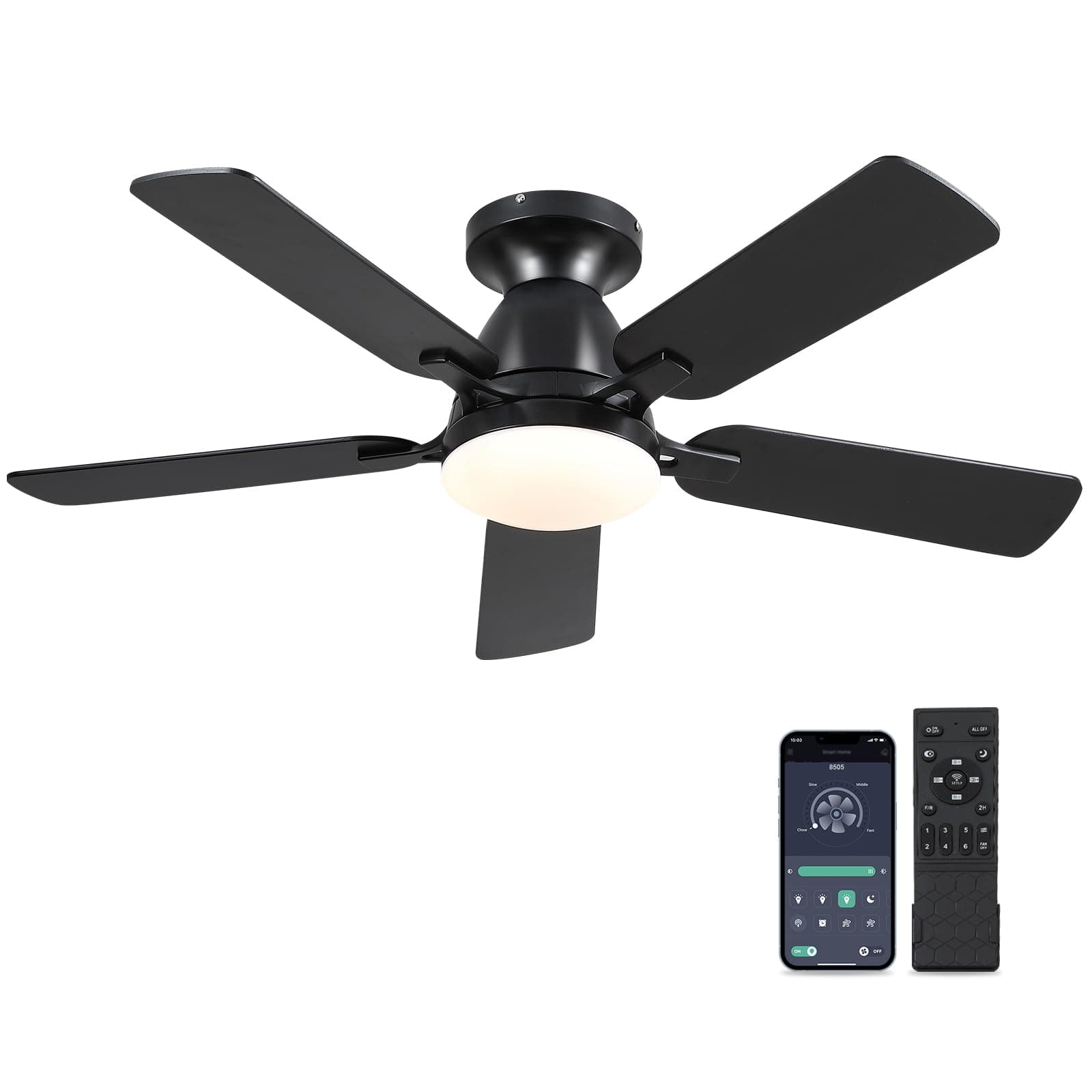 Ceiling Fans with Lights - Indoor Ceiling Fan Low Profile Light and Remote Control/APP, DC Reversible Modern Ceiling Fan for Bedroom(Black)