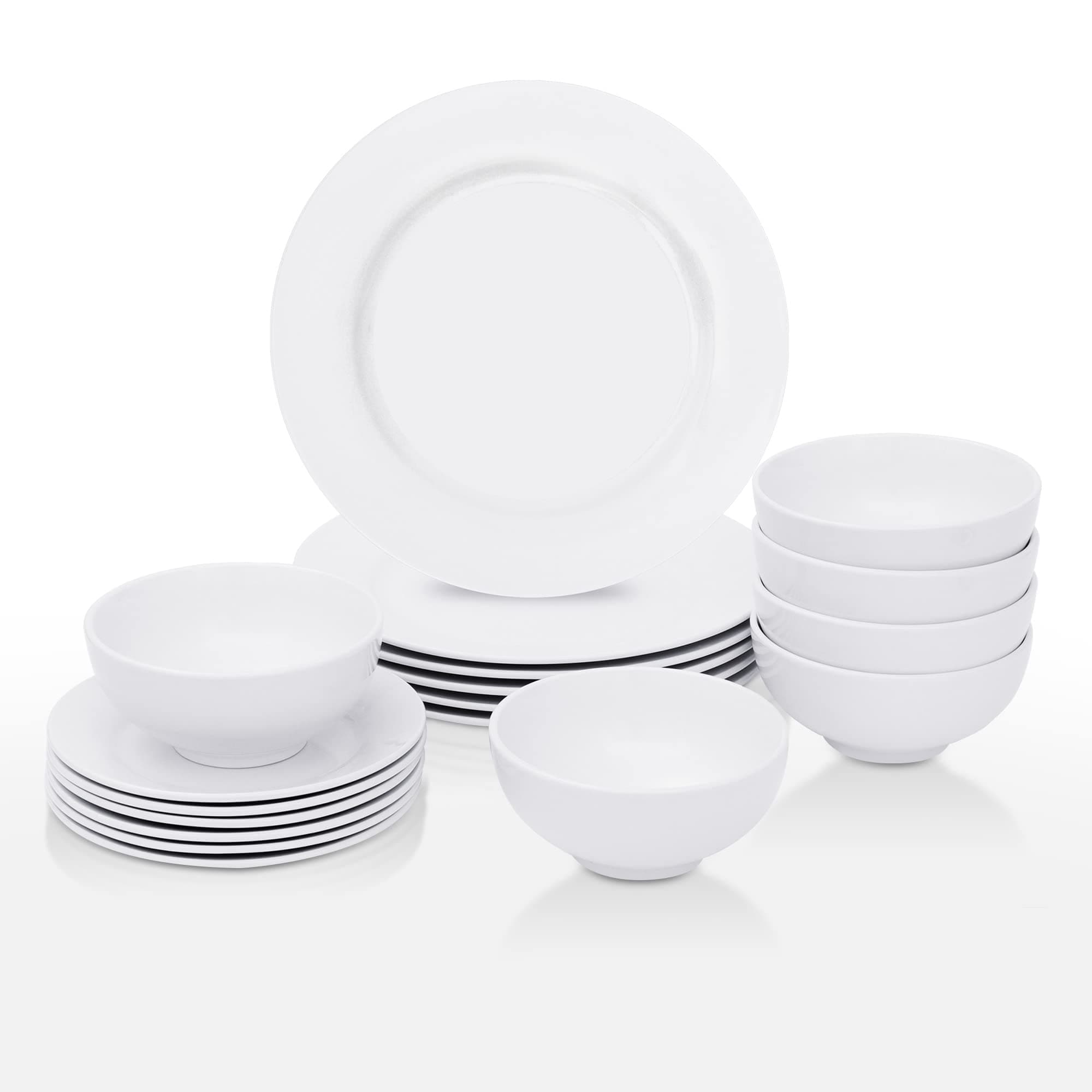 Round 18-Piece White Kitchen Dinnerware Set, Service for 6, Plates and Bowls – Microwave, Oven and Dishwasher Safe
