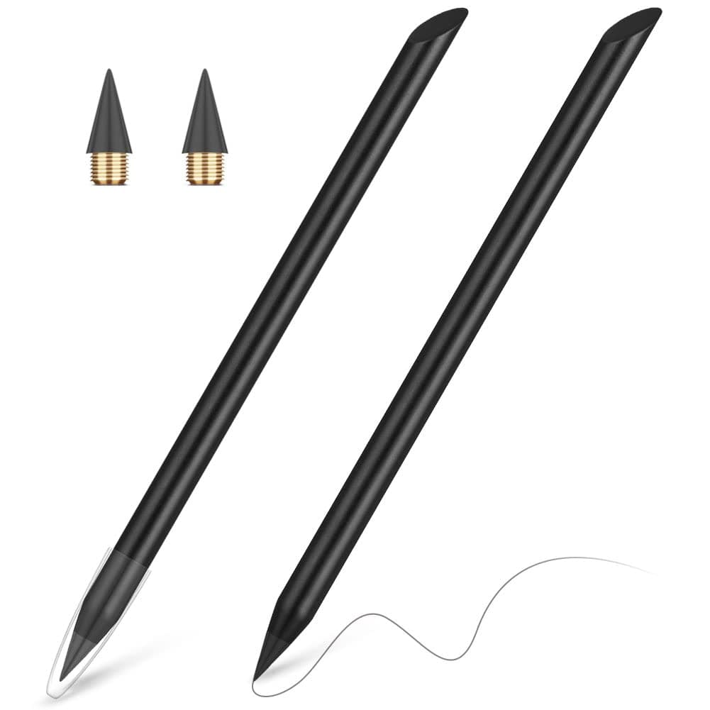 AUAUY 2PCS Metal Inkless Pencil, Infinity Reusable Everlasting With Replaceable Nib for Writing Drawing - Students Home Office School Supplies (Black)