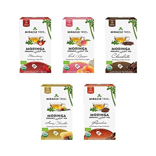Miracle Tree - Organic Moringa Superfood Tea, 5 Pack Bundle, 5x25 Individually Sealed Tea Bags (Strawberry, Peach & Ginger, Chocolate, Honey & Vanilla, Rooibos)