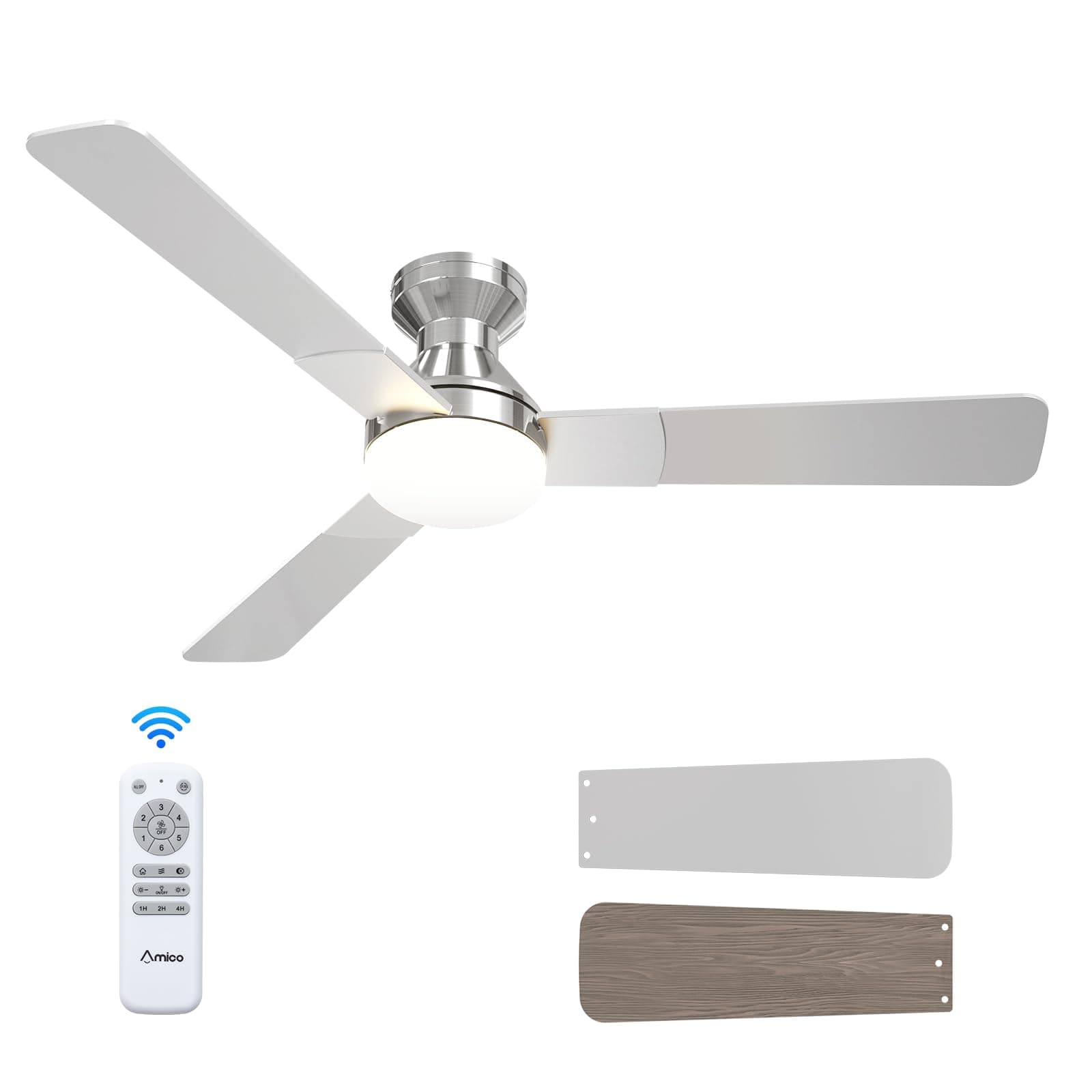 Amico Ceiling Fans with Lights, 52 inch Low Profile Ceiling fan with Light and Remote Control, Flush Mount, Reversible, 3CCT, Dimmable, Noiseless, Nickel Ceiling Fan for Bedroom, Indoor/Outdoor Use