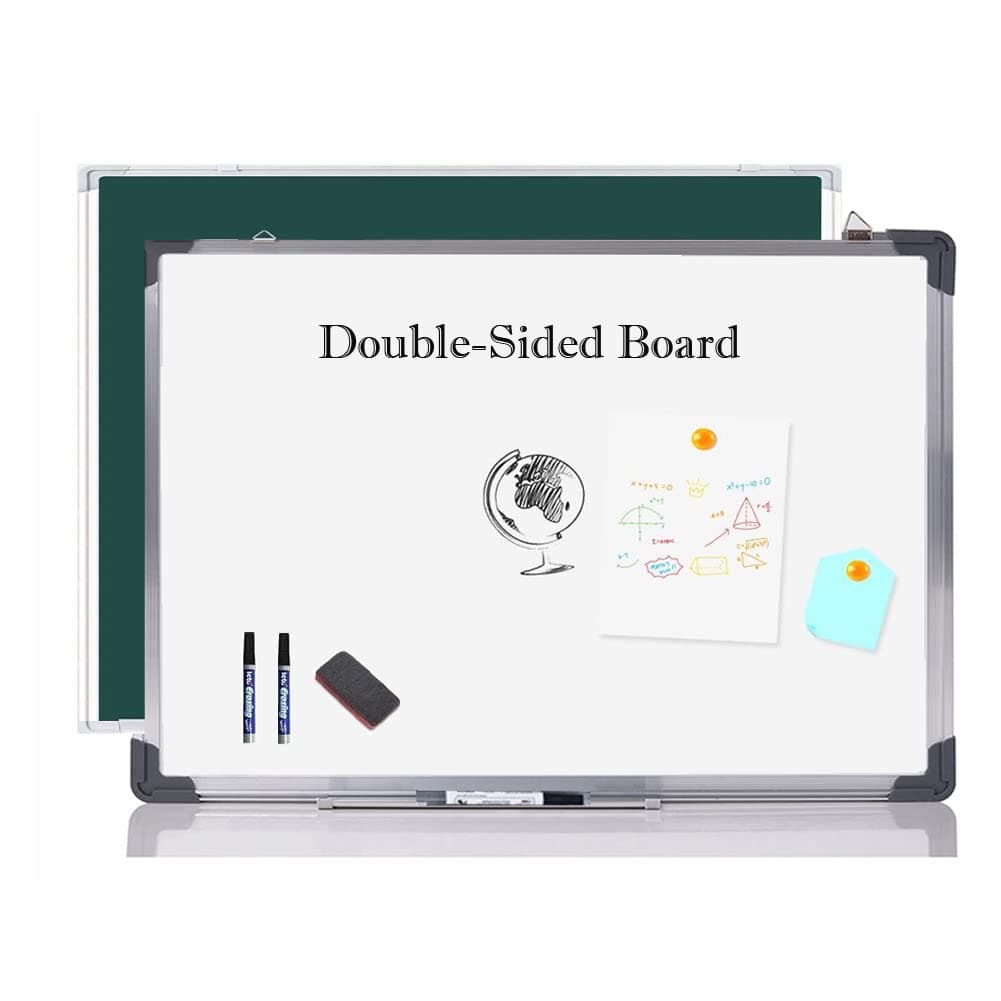Magnetic White board, Chalkboard, Blackboard, Double Sided Dry Wipe Message Bulletin Board – with 1 Eraser, 3 Markers, 4 Magnetics & 1 Accessory Tray – for Home Office School (60 * 45cm, AL Frame)