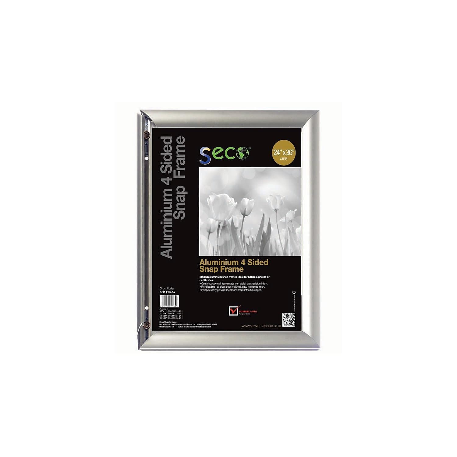 SECO Front Load Easy Open Snap Poster Frame/Picture Frame 24 x 36 Inches, Silver Metal Frame (SN2436)