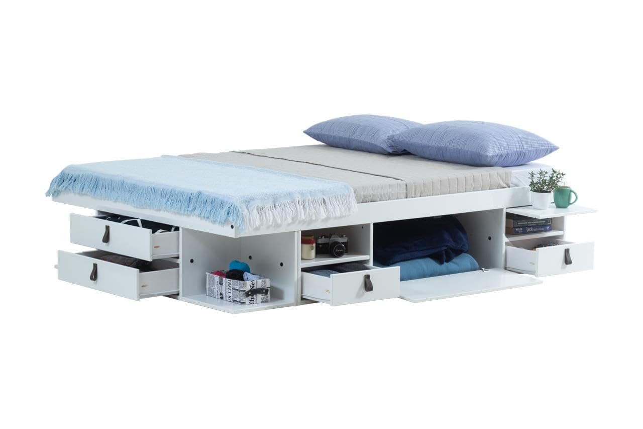 Storage Bed Bali Continental Double (140 x 200 cm) White - Double bed frame with drawers and shelves, ideal for small bedrooms - Sturdy storage platform bed of MDF lacquered - Incl. slatted frame