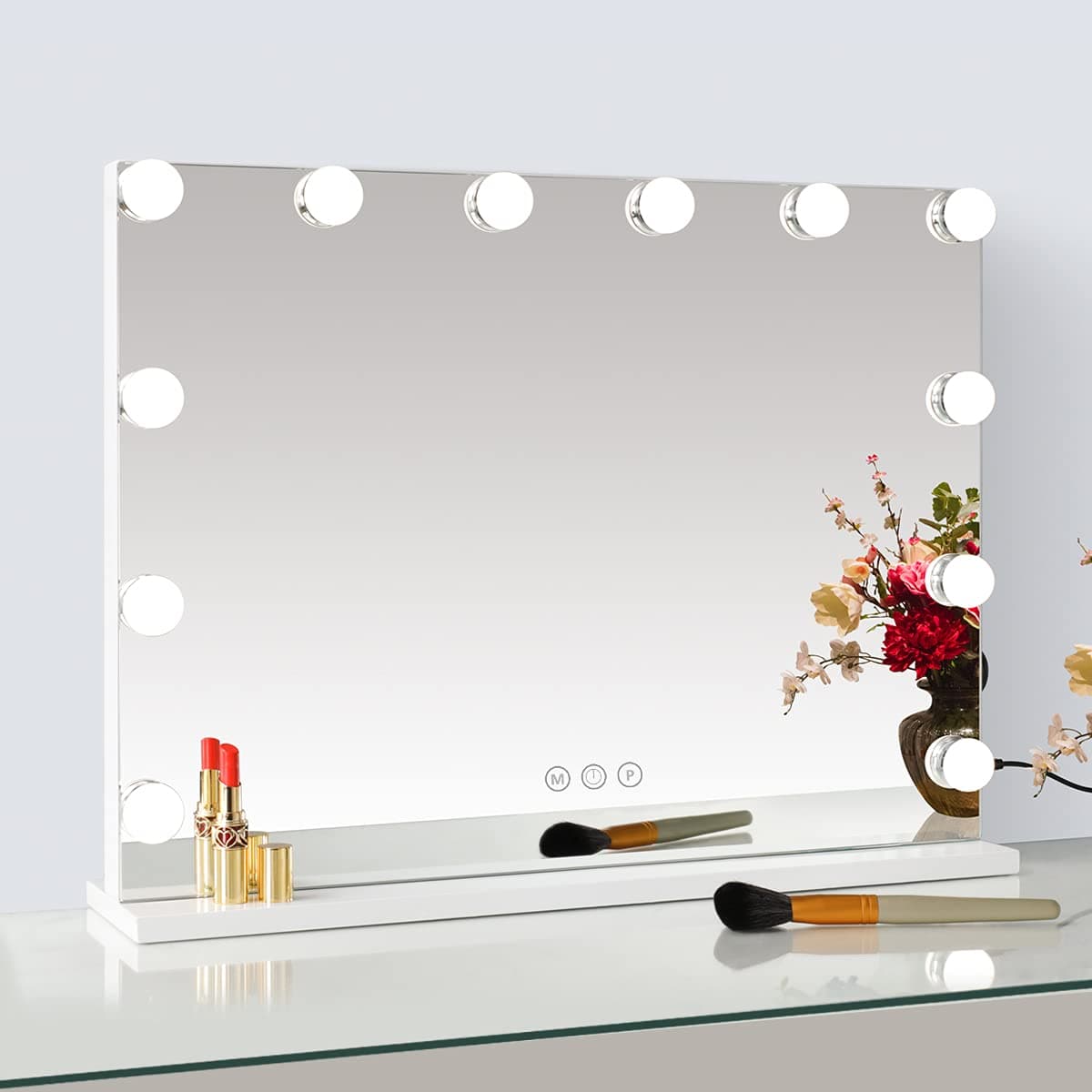 SHOWTIMEZ Lighted Makeup Vanity Mirror, Hollywood Mirror with Lights, USB Charging Port, Tabletop Mirror with Dimmable Bulbs, 3 Light Settings, W22.8 x H16.8, White