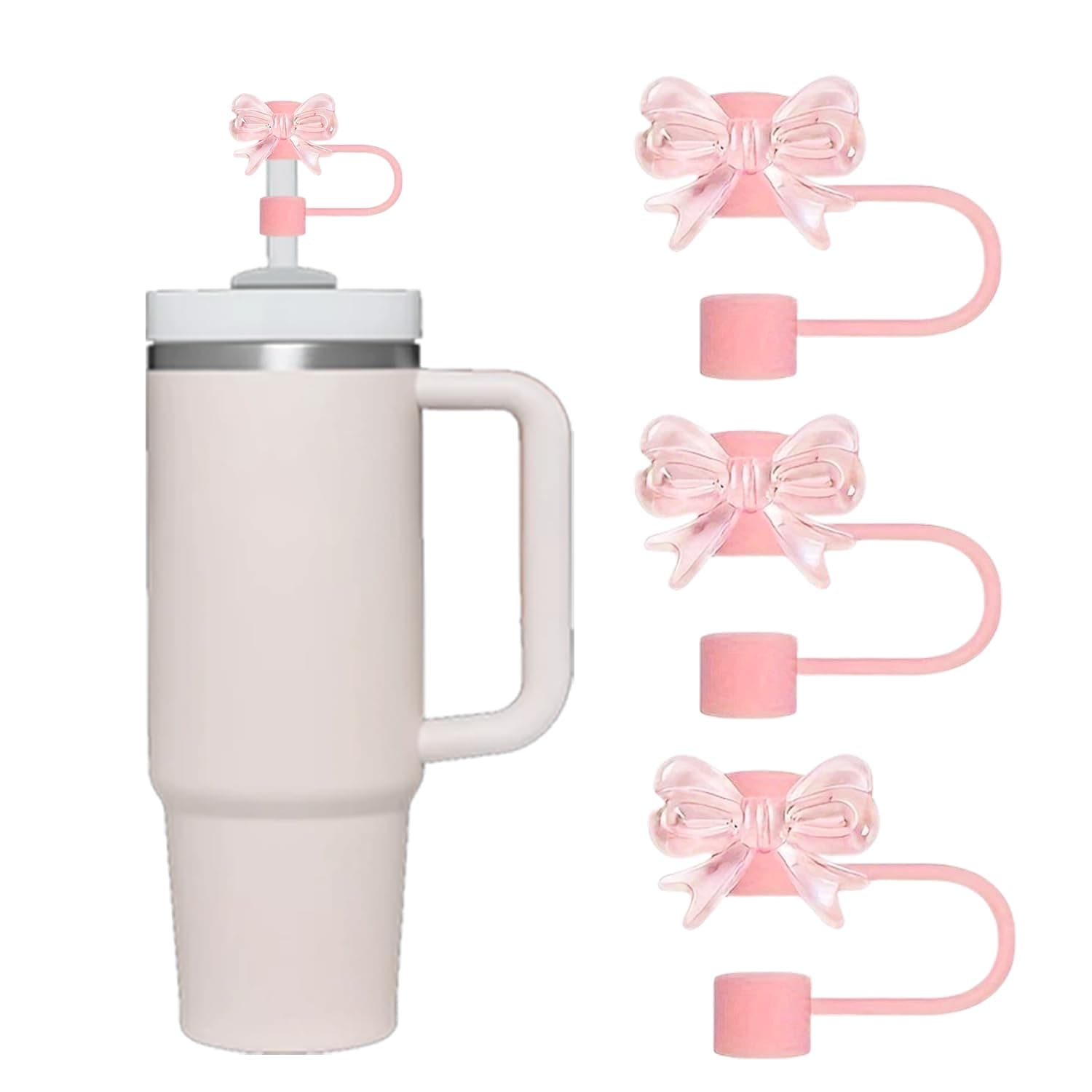 3 Pcs Bow Straw Topper Compatible with Stanley 30&40 oz Tumbler Cups, Cute Reusable 10mm Straw Toppers for Stanley Cups Straw Accessories (Pink)