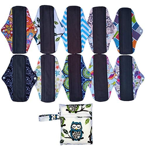 10 Pieces 10 Inch Regular Flow Charcoal Bamboo Mama Cloth/ Menstrual Pads/ Reusable Sanitary Pads+1 Wet Bag
