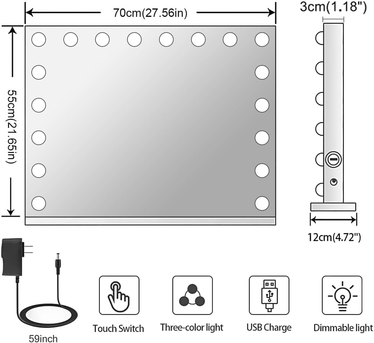 Kottova Vanity Mirror w/ Lights-Large Makeup Mirror Hollywood Lighted Mirror w/ 18 LED,3 Color Modes,Touch Control, USB Charger Port.Detachable 10X Magnification Mirror, Metal Frame, White, X-Large
