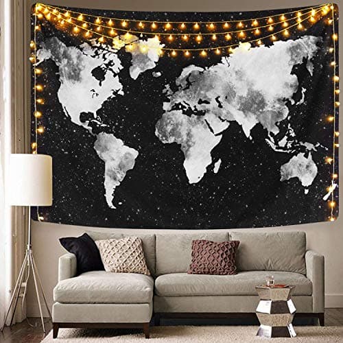 Krelymics Starry World Map Tapestry Black and White World Map Tapestry for Room (59.1 x 82.7 inches)