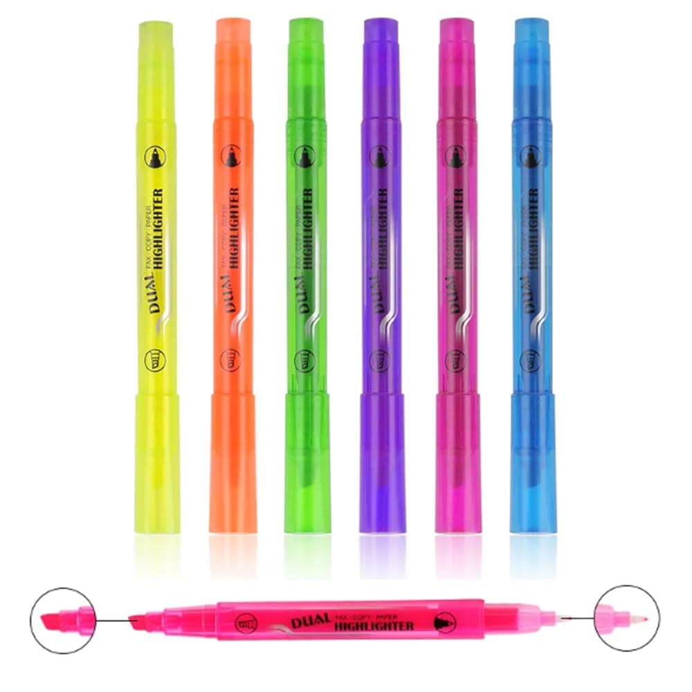 CLOUDFOUR Highlighter Pen, Double Side Highlighter and Fineliner Pen, Waterproof Highlighter Marker and Fine Tip Pen for Art and Craft, Office and School, Pastel Colors - Wallet of 6 (Neon)