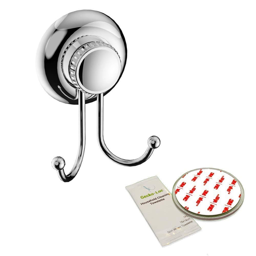 Gecko-Loc Super Suction Cup Double Hook Holder Heavy Duty Stainless Steel and Chrome Shower Accessories