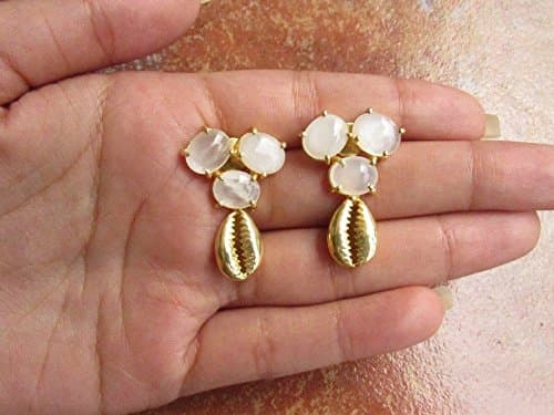 Moonstone Stud Earrings with Cowrie Shells, Beach Stud Earrings, Bohemian Earrings, Minimal Earrings