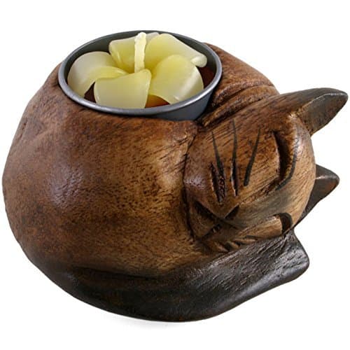 Something Different 2X Curled Cat Wooden Tealight Holder, Multi-Colour