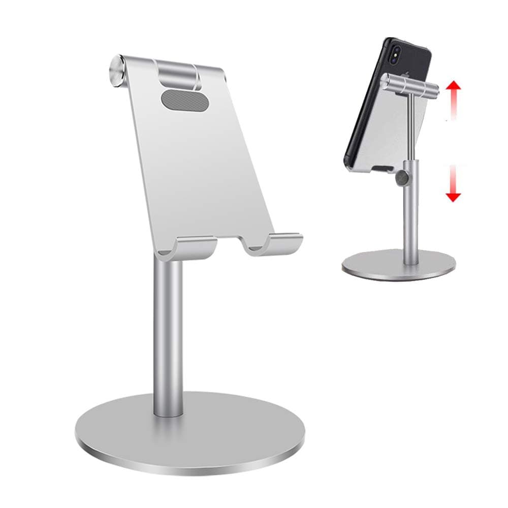 Cell Phone Stand for Desk, Tablet Stand Holder,Height Adjustable Rotating Aluminum Dock for Recording and viedo Compatible with 3.5-12.9 inch iPad iPhone Samsung, Microsoft pro,Kindle (Silver)