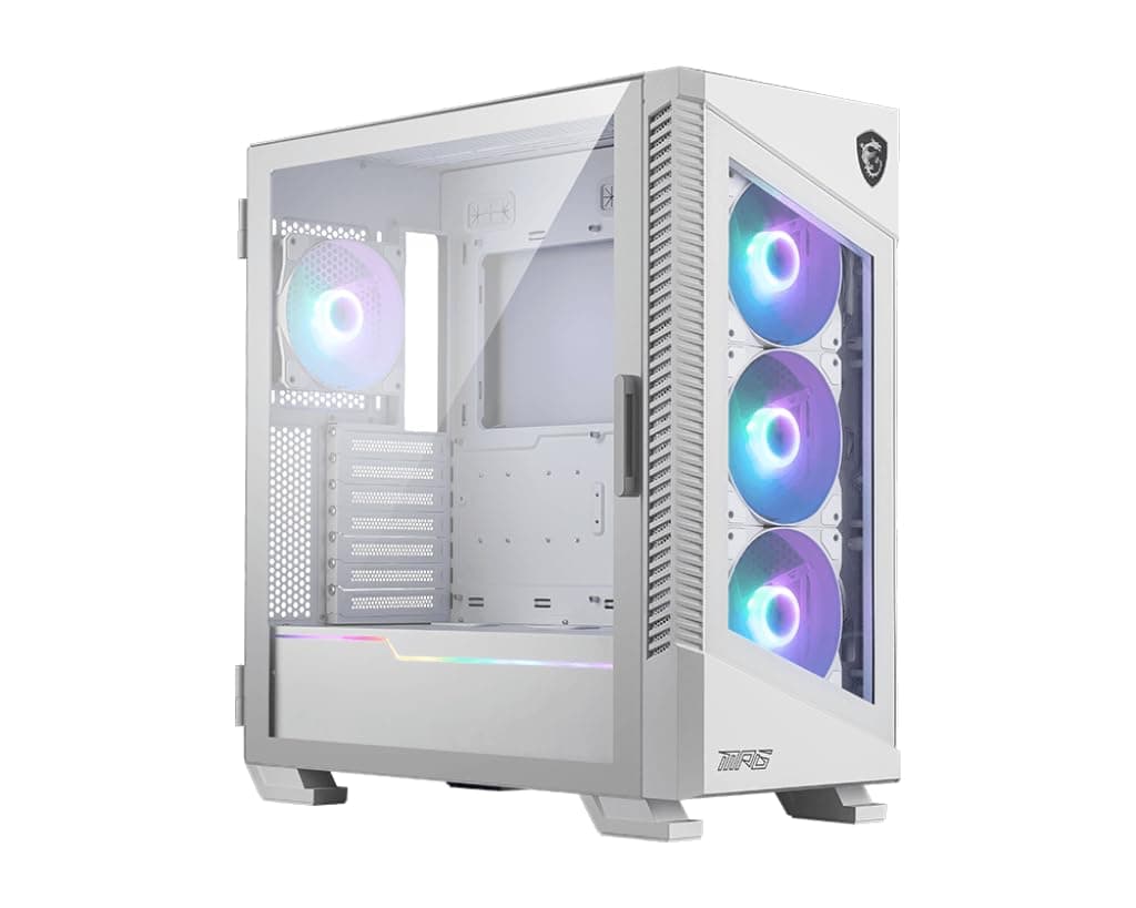 MPG Velox 100R White - Mid-Tower Gaming PC Case - Tempered Glass Side Panel - 4 x 120mm ARGB Fans - Liquid Cooling Support up to 360mm Radiator - Mesh Panel for Optimized Airflow