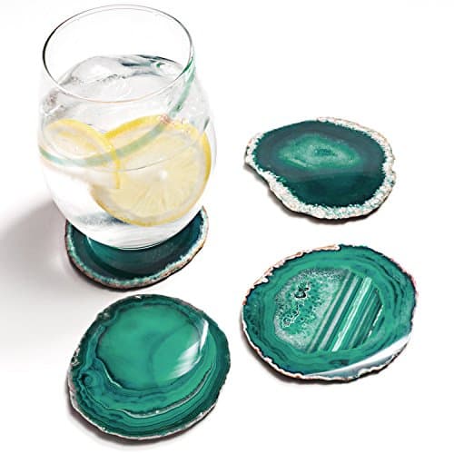 Amethya Natural Sliced Agate Coaster, Cup Mat for Drinks with Rubber Bumper, Set of 4 (Teal)