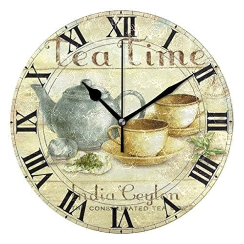 Jacksome Retro Style Tea Time Large Wall Clock with Vintage Style Round Wall Clock Wall Decor for Kitchen Office Retro Timepiece Home Decor Accessories
