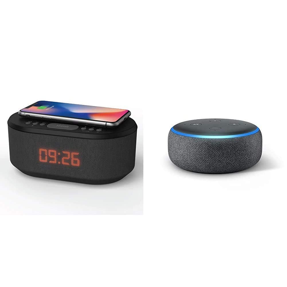 i-box Bedside Wireless Charging Alarm Clock Radio, Black & Echo Dot (3rd Gen) - Smart speaker with Alexa - Charcoal Fabric