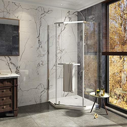 Duschdeluxe 36" x 36" x 72" Neo-Angle Frameless Pivot Shower Enclosure | 1/4" Tempered Clear Glass Hinged Prism Corner Shower Enclosure with Towel Handle - Brushed Nickel Finish
