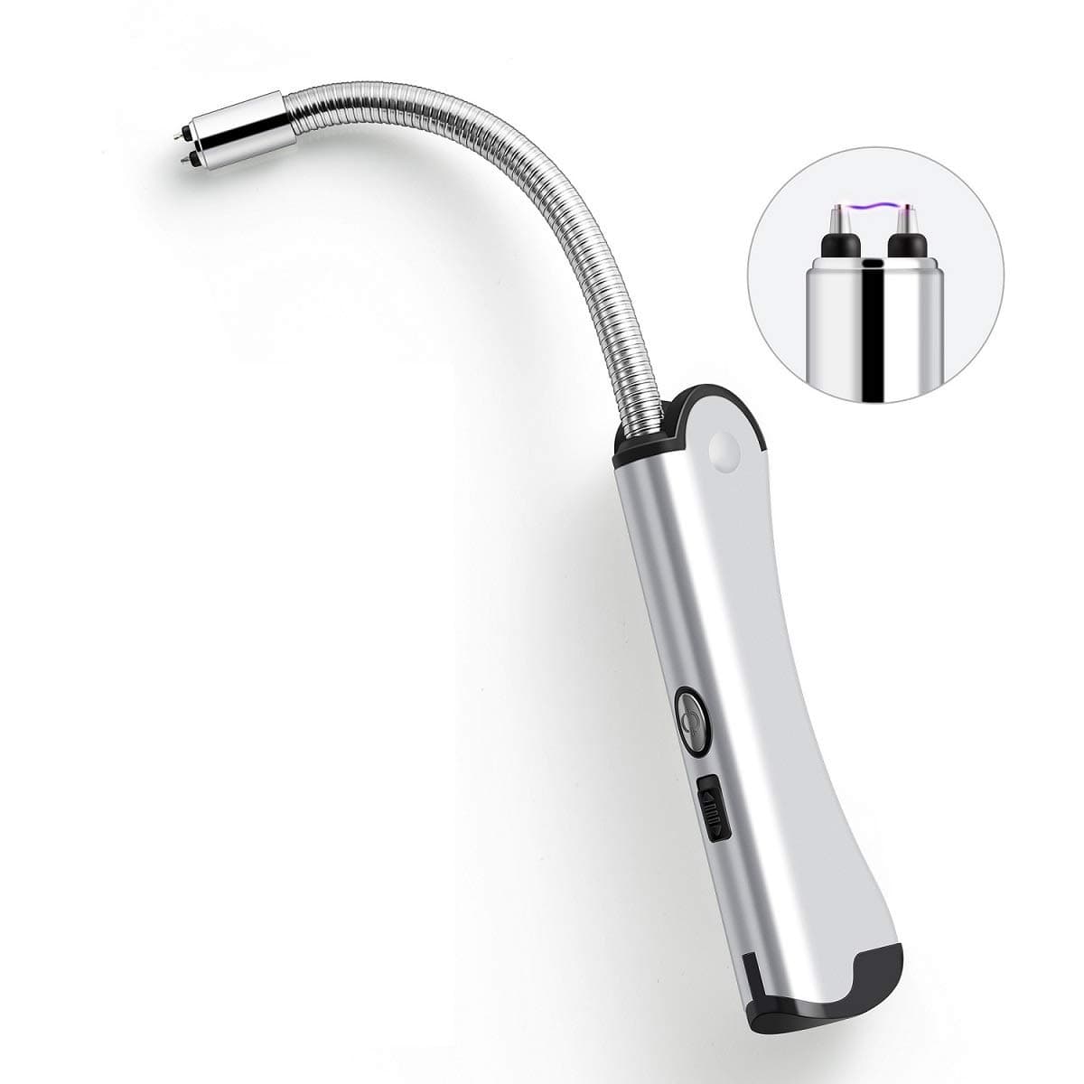 Candle Lighter USB Rechargeable Electric Arc Lighter Long with Flexible Neck 2in1 Foldable Windproof Flameless Pocket Lighter for BBQ Grill Firework Cupcake Fireplace Cigarette(Sliver)