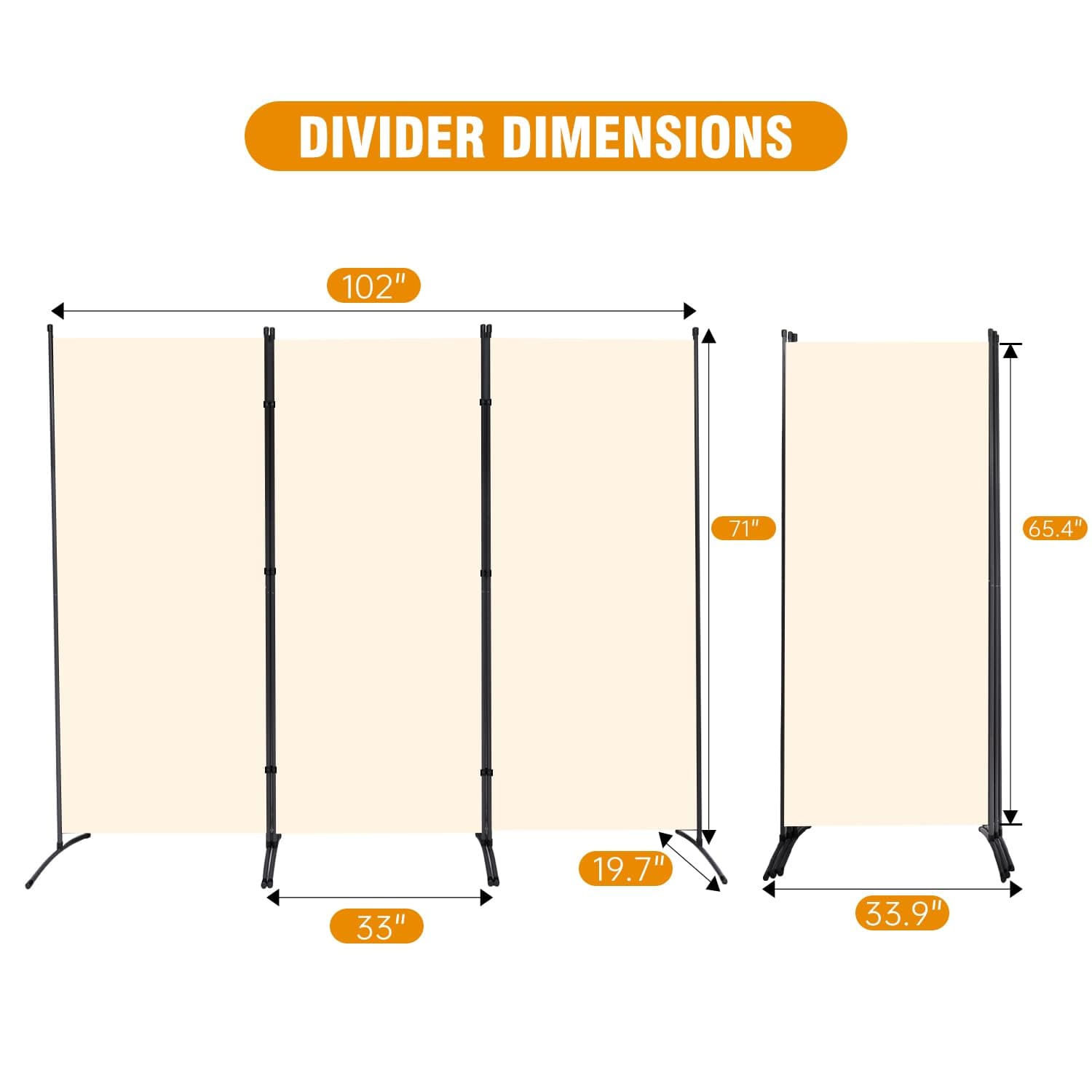 3 Panel Folding Privacy Screens, 6 FT Tall Wall Divider with Metal Frame, Freestanding Room Divider for Office Bedroom Study (3 Panel, Beige)