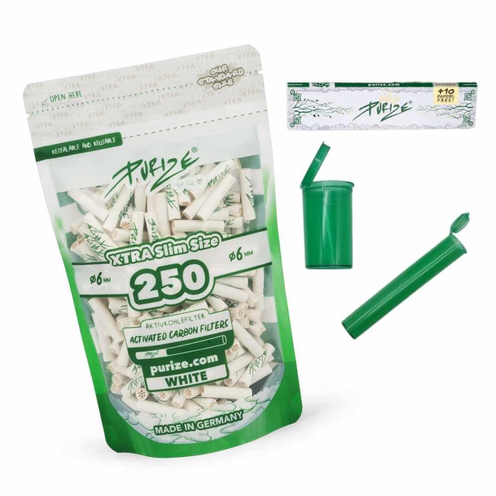 PURIZEXtra Slim Size 6 mm (5.9 mm) Activated Carbon Filters with 2 Ceramic Caps Including Joint Tube, Pop-up Containers, Papers and Stickers, Pack of 250 (White)