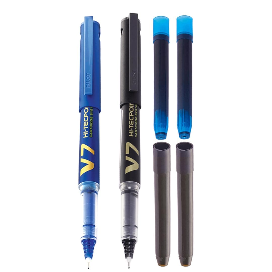 V7 Hi-tecpoint Pen with cartridge system - 1 Blue, 1 Black Pen, 2 Blue cartridges, 2 Black cartridges