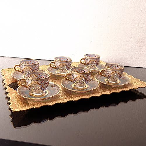 Ethnic Patterned Turkish Coffee Cups Set For Six Person With ZincTray