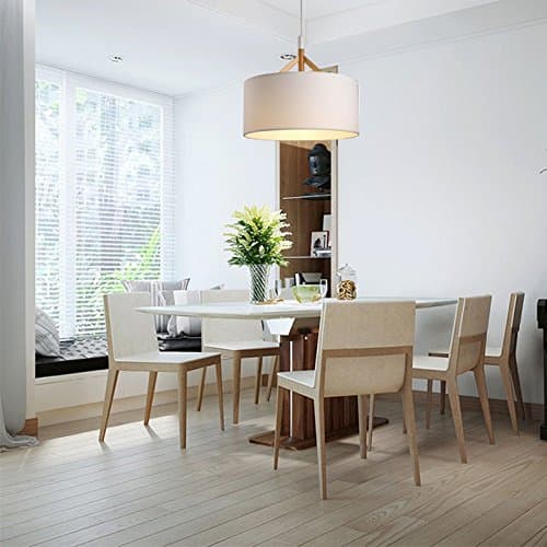 White Fabric Pendant Lighting for Dining Room, D 15.7 INCH, Wood Hanging Lights Fixture, 1-Light