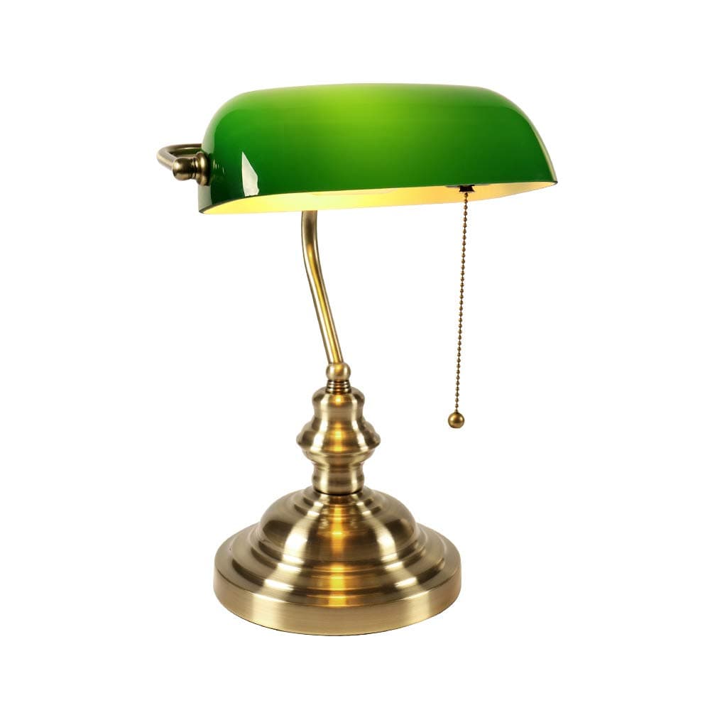 Newrays Green Glass Bankers Desk Lamp with Pull Chain Switch Plug in Fixture,Satin Brass Finish