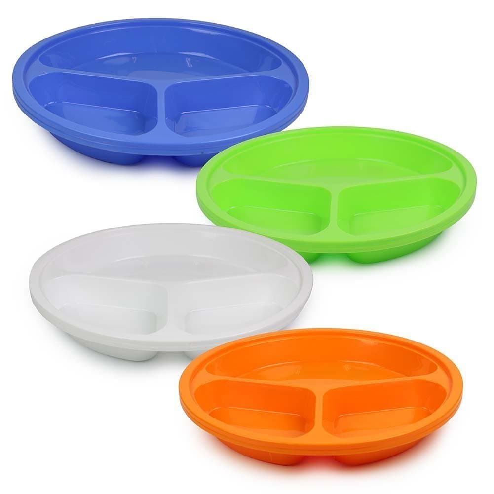 Tzipco's 8 Pack Of 3 Compartment Reusable Hard Plastic Divided Plates, 10"