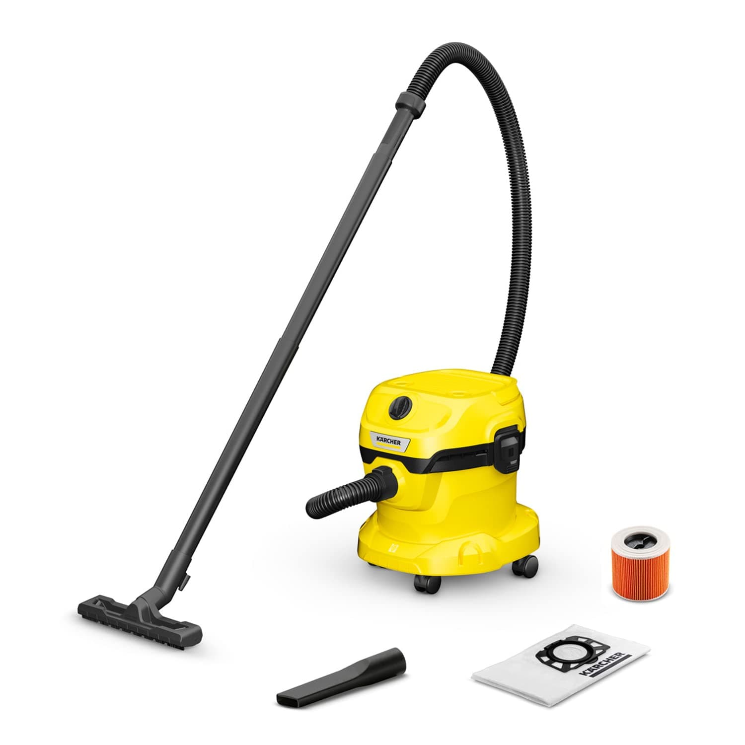 Wet and Dry Vacuum Cleaner WD 2 Plus, blowing function, power: 1000w, incl. cartridge filter, floor and crevice nozzle, Yellow, plastic container: 12 l, suction hose: 1.8 m
