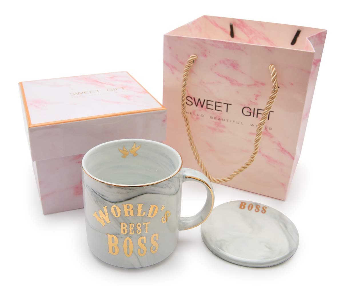 World's Best Boss Mug - Grey Marble Ceramic Coffee Cup 11.5oz and Coasters