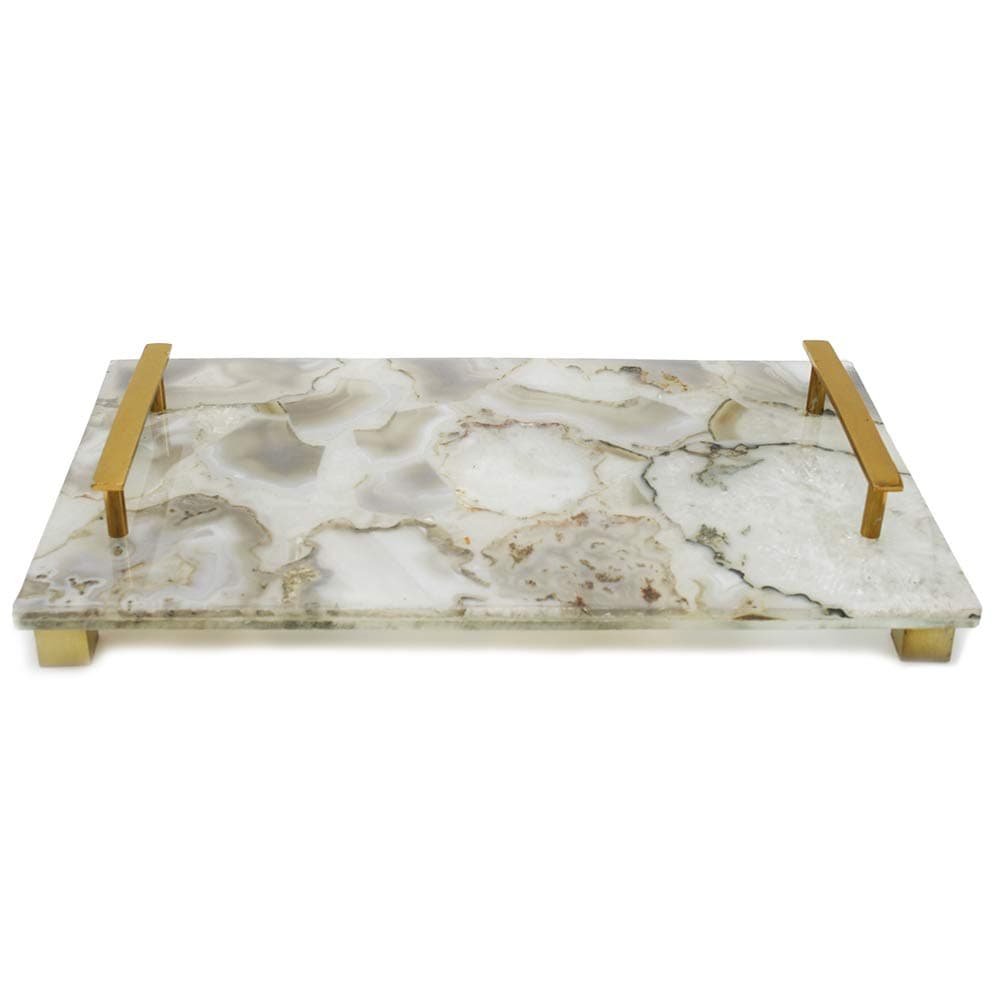 Inc. Jodhpuri Decorative White Agate Gold Handle trays, One Size