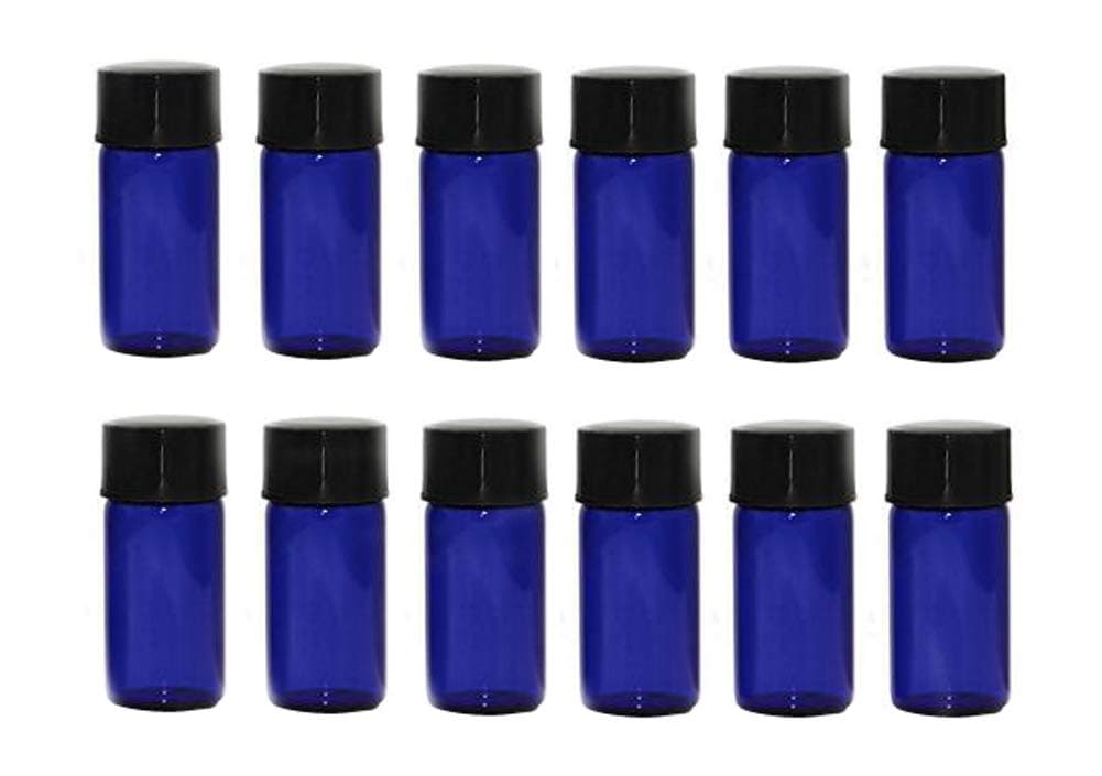 12PCS 3ml Mini Empty Portable Blue Glass Essential Oil Bottles Cosmetic Travel Liquid Sample Vials Jars Pot Container With Orifice Reducer And Black Screw Cap