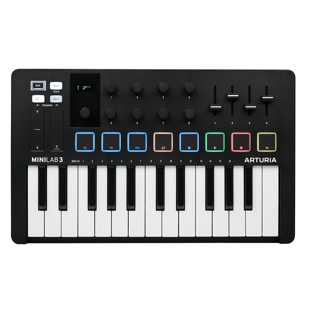 MiniLab 3 Universal 25 Key MIDI Controller, with software bundle, 8 RGB Pads, USB Powered, Chord Mode, NKS Compatible, Black