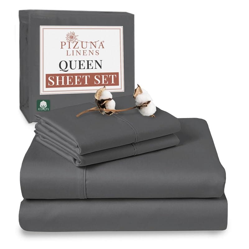 Pizuna Cotton Queen Bed Sheets Set Dark Grey, 400 Thread Count 100% Long Staple Combed Cotton Sateen Weave Cooling Sheet & Pillowcase Set, Deep Pocket Sheets fits 15 inch (Queen Sheet Set - 4PC)