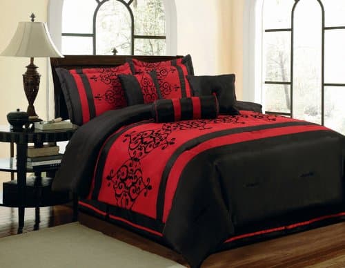 11 Piece King Catherine Flocking Black and Red Bed in a Bag w/600TC Sheet Set