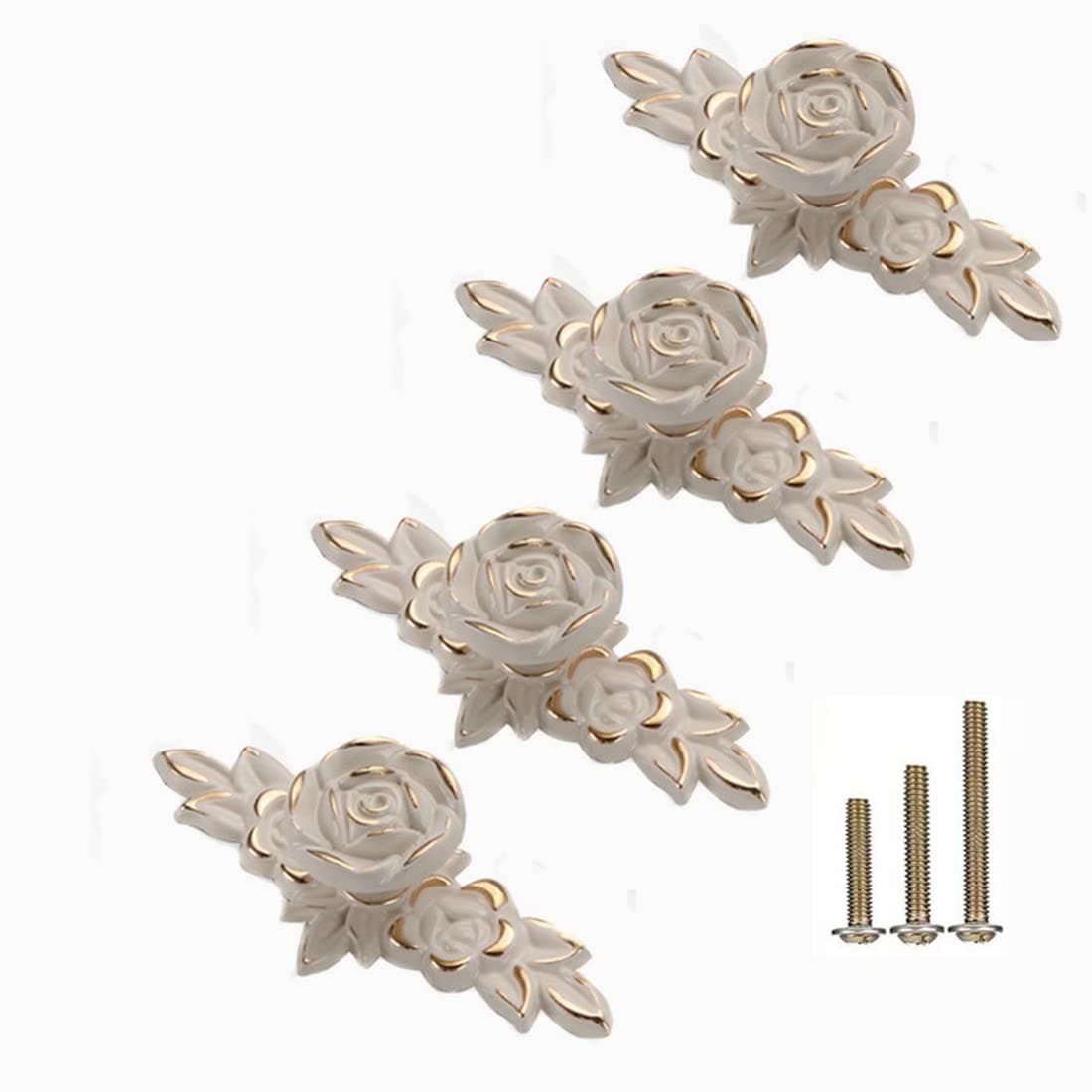 4 Pcs Euro Rose Cabinet Knobs with Backplate, 102mm Vintage Zinc Alloy Flower Drawer Pull Handles for Dresser Vanity Nightstand Cupboard (4.0" Ivory White & Gold Edge)