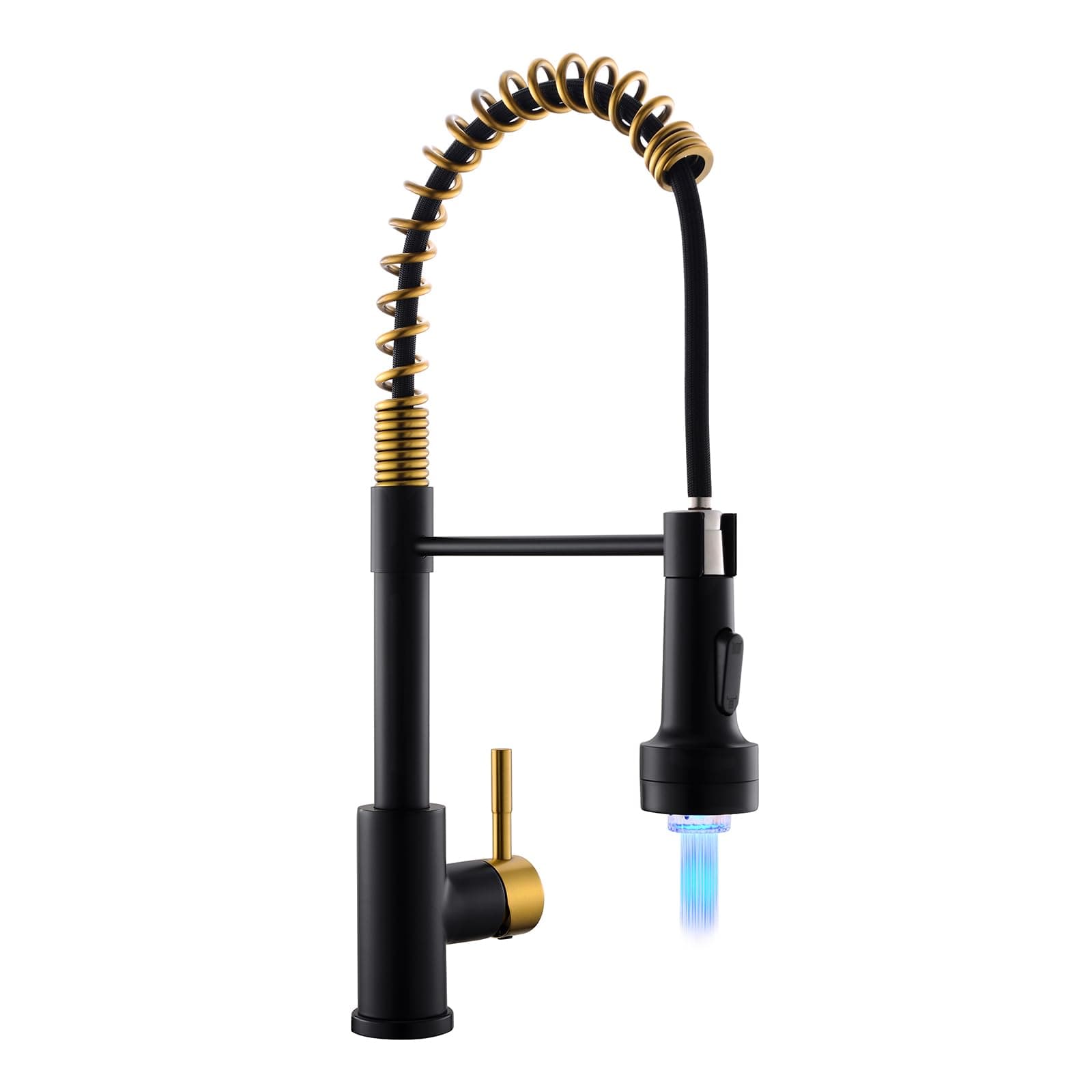 Black and Gold Kitchen Faucet with Pull Down Sprayer Single Hole Stainless Steel LED Faucet, Suitable for Farmhouses, RV, Laundry Room, Outdoor, and Campers. Llave para fregadero de cocina