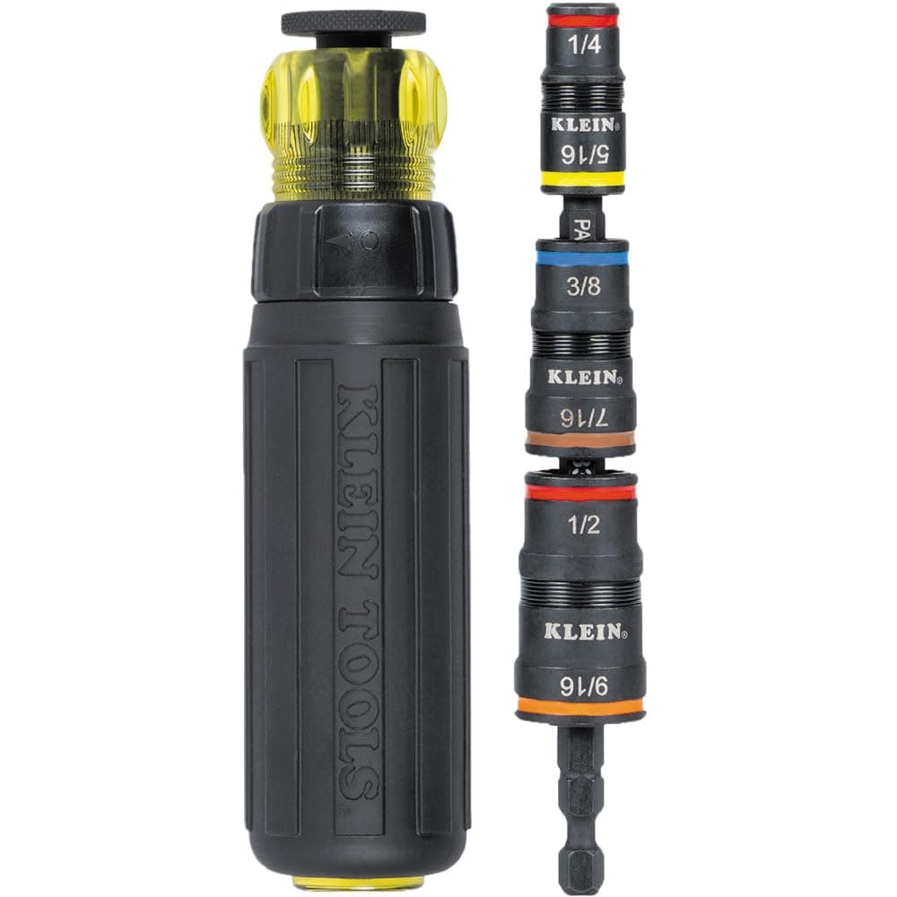 Klein Tools 32910RCHT Impact Driver, 7-in-1 SAE Impact Socket Set with Ratcheting Handle, Flip Socket with 1/4, 5/16, 3/8, 7/16, 1/2 and 9/16-Inch Nut Driver Sizes and 1/4-Inch Bit Holder