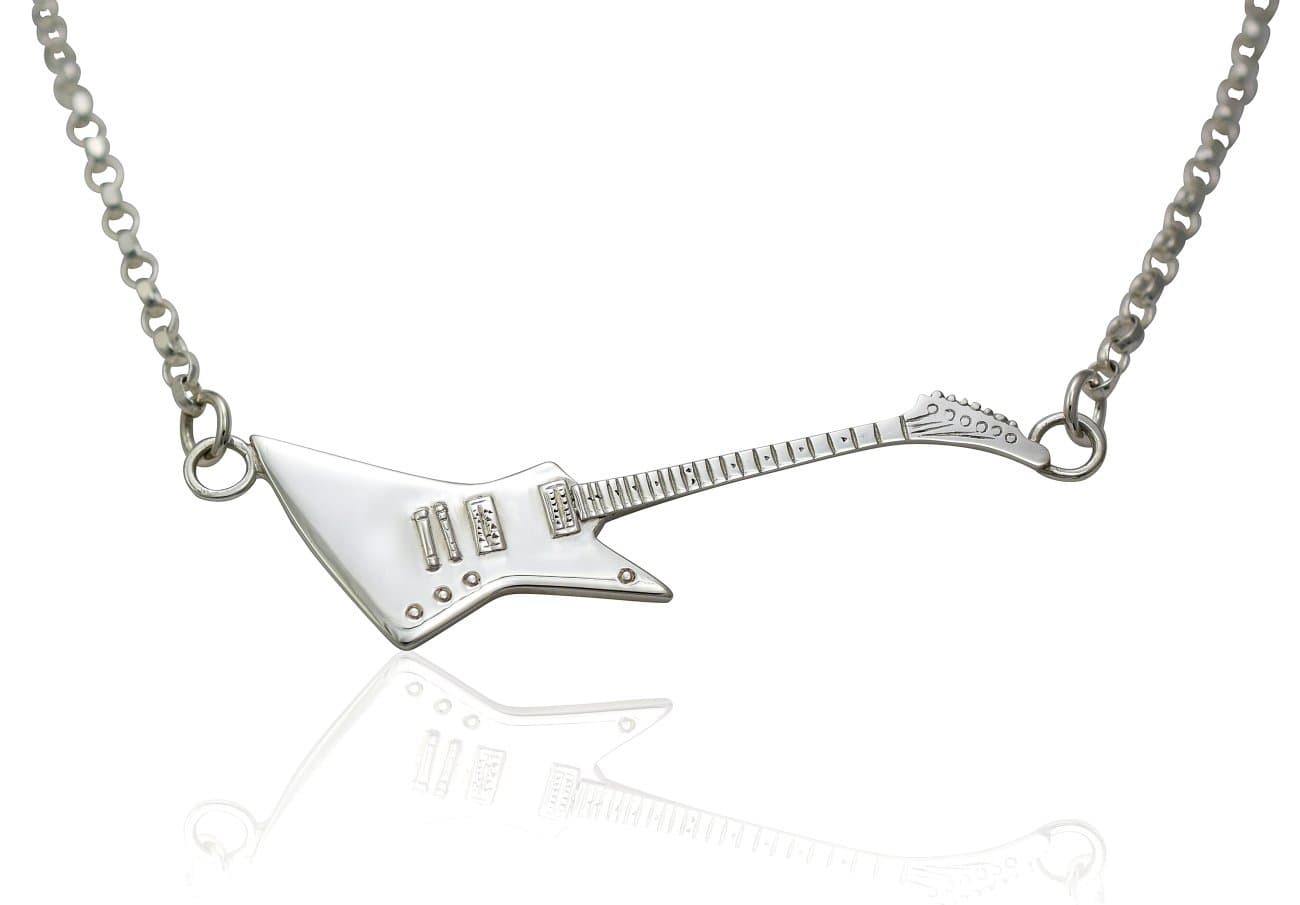 Large Solid Sterling Silver Gibson Explorer Electric Guitar Pendant & Necklace Chain Jewellery Gift Set for Guitarists players & musicians. Choose - Horizontal or Vertical