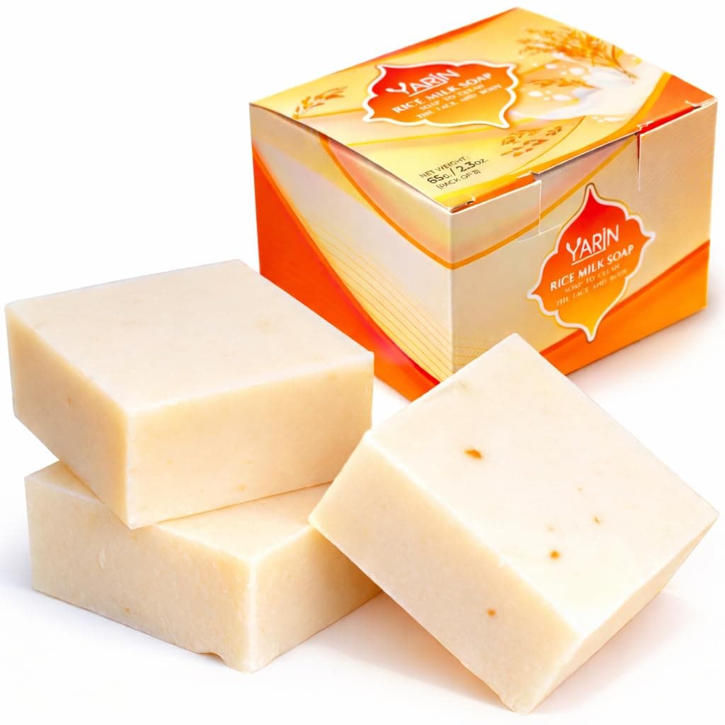 YARIN 3 Pcs Rice Milk Soaps Collagen 65 G.+Reusable Mesh Bag-Exfoliate, Hydrate, and Conserve