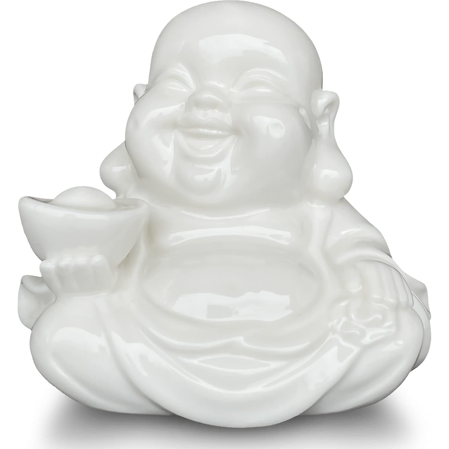 Houlu Small Laughing Buddha Statue for Good Luck, Ceramic White Lucky Happy Buddha Figurine for Home Decor, Office Decor, Garden Decor, Indoor/Outdoor
