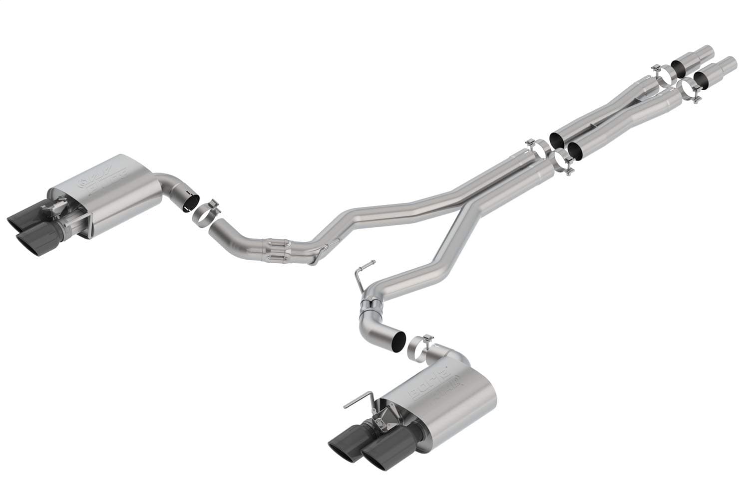140743BC Cat-Back Performance Exhaust System for 2018-2023 Ford Mustang GT (Inc. Bullitt) V8 T-304 Stainless Steel ATAK Sound Dual Split Rear Exit Dual 4" Round Black Chrome Tips On Each Side